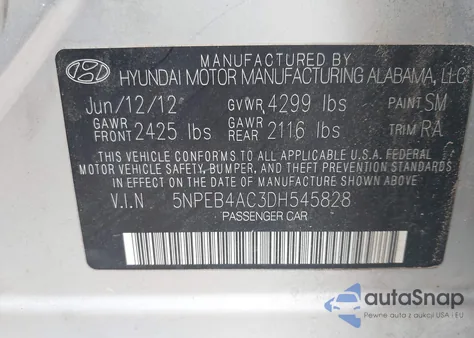 2013 Hyundai Sonata Gls z USA, uszkodzony, nr VIN 5NPEB4AC3DH545828